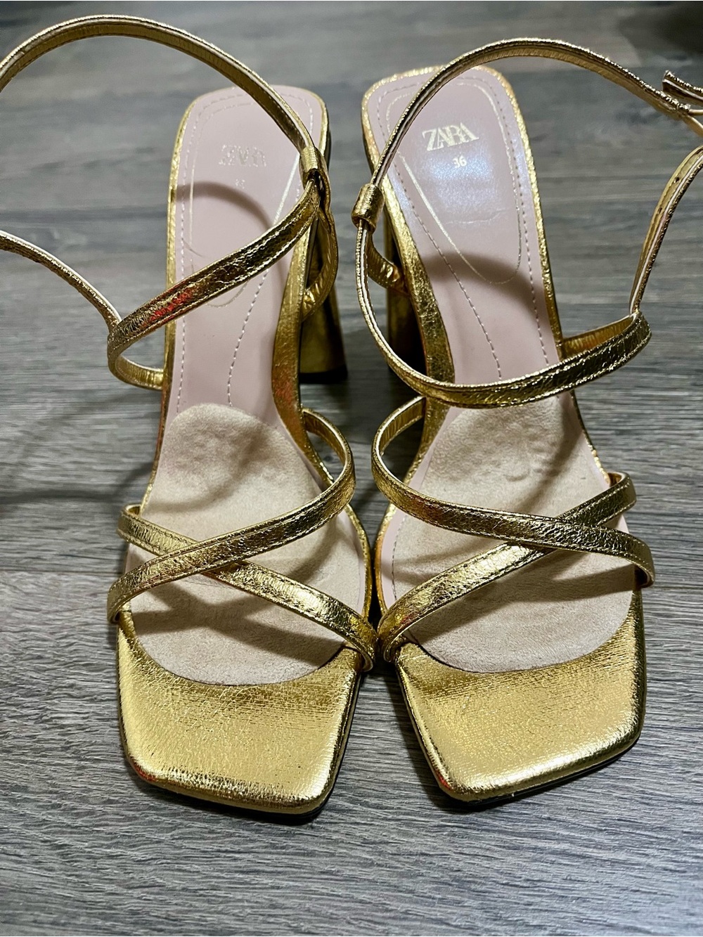 ZARA Metallic Gold Strappy Block Heel Sandals